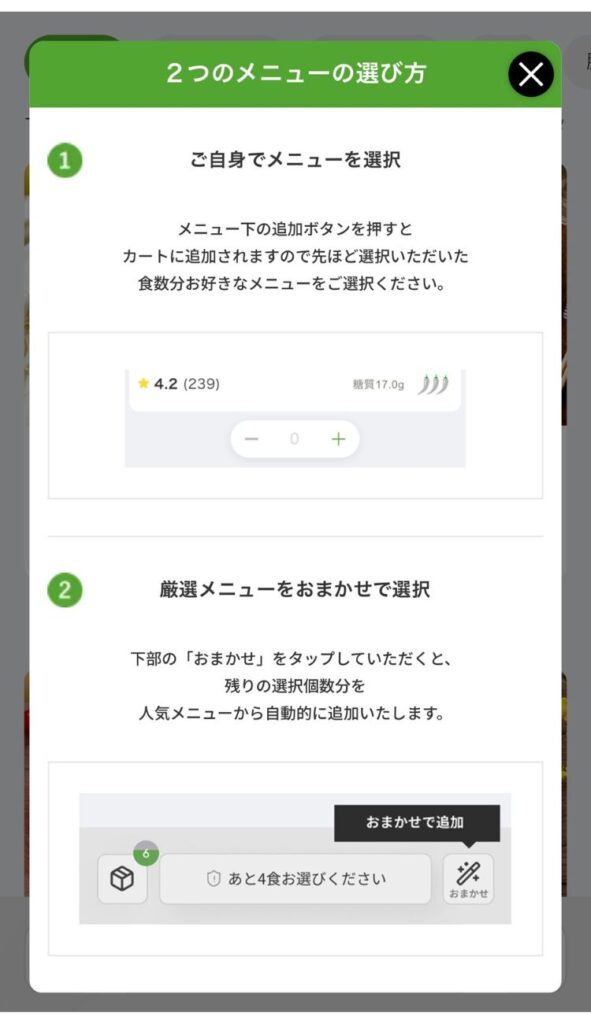 ナッシュの2つのメニューの選び方説明画面。