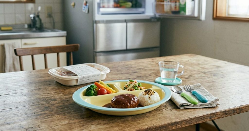 木製テーブルの上に食品パックとハンバーグプレートが載っています。