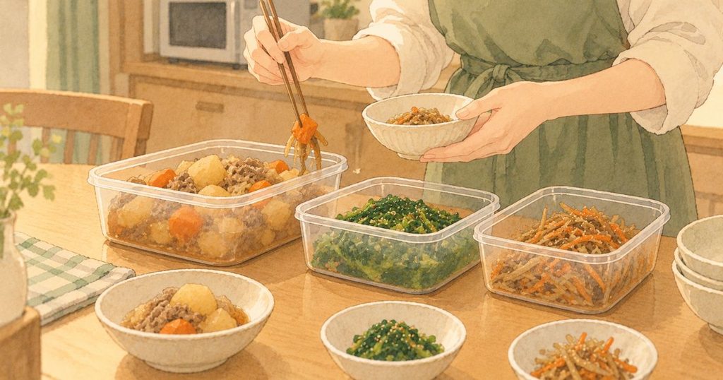 日本の家庭の夜の食卓で、冷蔵の惣菜が入った無地の透明な保存容器がいくつか並び、そこから小皿に取り分けている。おかずは肉じゃが、ほうれん草のおひたし、きんぴらごぼうなど家庭的な和惣菜。奥に電子レンジが少し見えます。