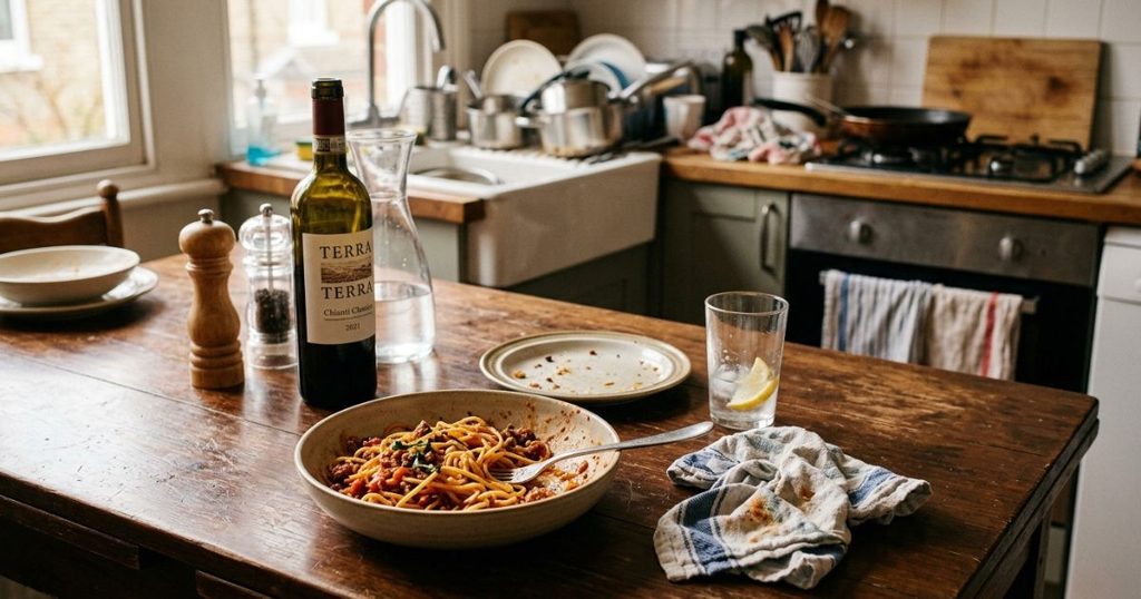 木製テーブルの上に食べ残されたトマトソースパスタのお皿が載っています。