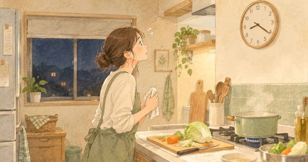 日本の一般的な家庭の台所で、30代の女性が壁の時計を見上げている。時計の針は20時過ぎを指しています。窓の外は暗く、コンロには鍋、調理台には切りかけの野菜。女性の表情は少し焦っている
