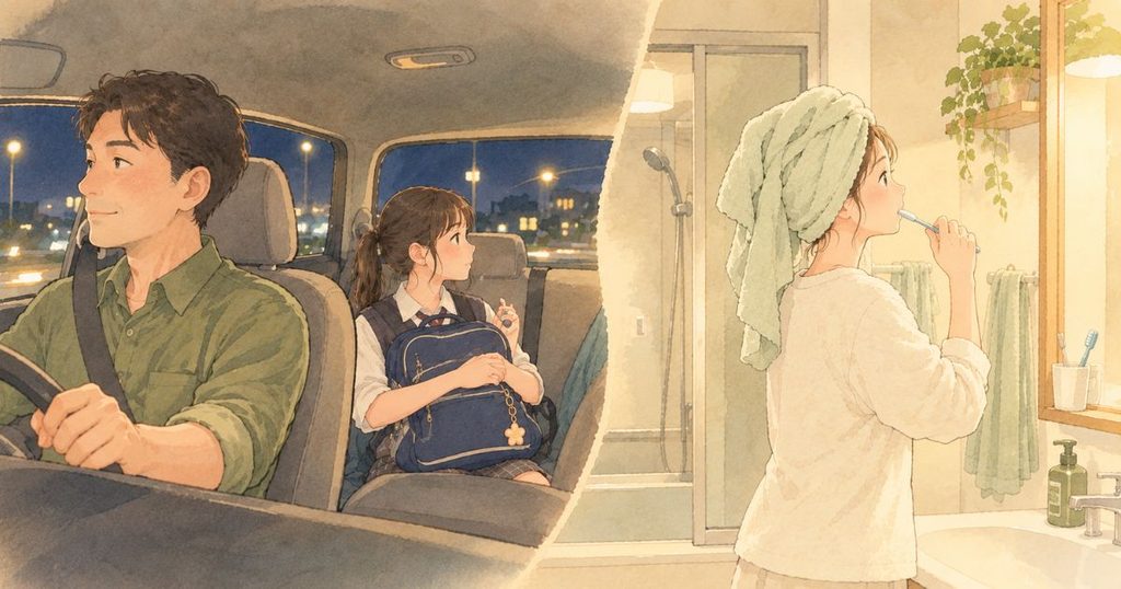 左側は、夜の道を車で走る父親と、後部座席で習い事のバッグを抱えた中学生の子ども。右側は、家でシャワー後に髪をタオルで拭きながら歯磨きをしている母親。